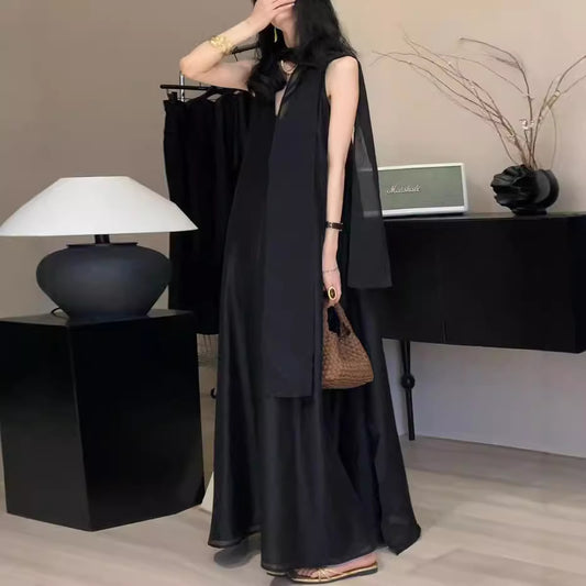 2025 popular summer new high-end temperament linen V-neck sleeveless dress, oversized skirt loose vest long dress