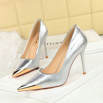 3739-62 2025 banquet shallow mouth women's shoes pointed head thin heel high heels iron head metal decoration super high heel single shoes