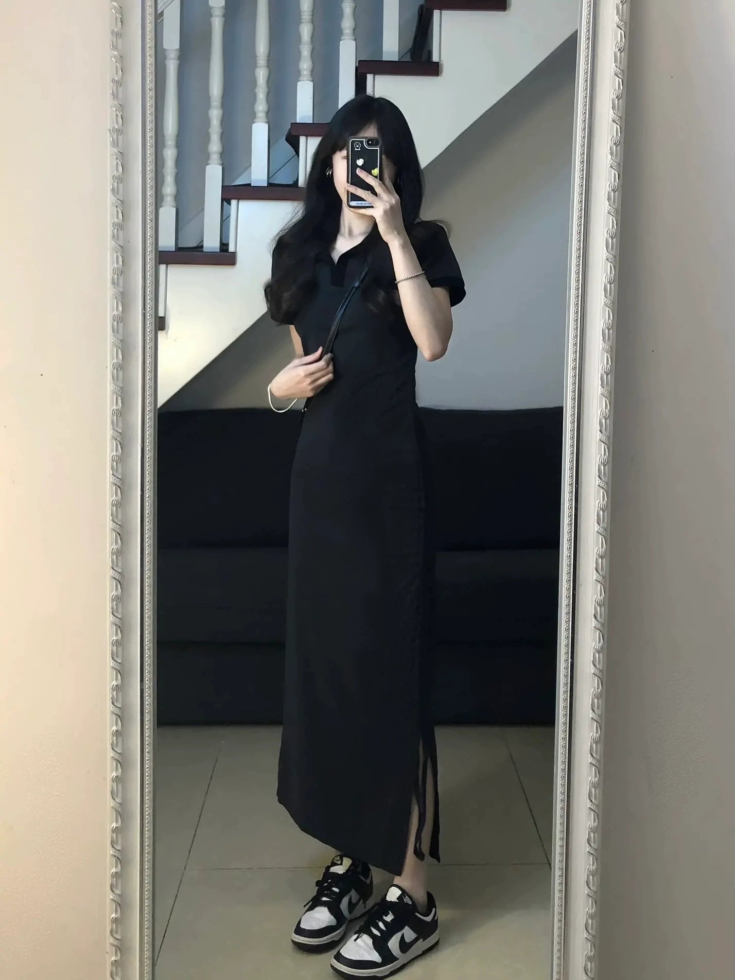 Polo white dress basic summer women's casual thin niche design temperament v-neck drawstring split skirt