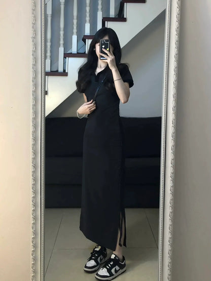 Polo white dress basic summer women's casual thin niche design temperament v-neck drawstring split skirt