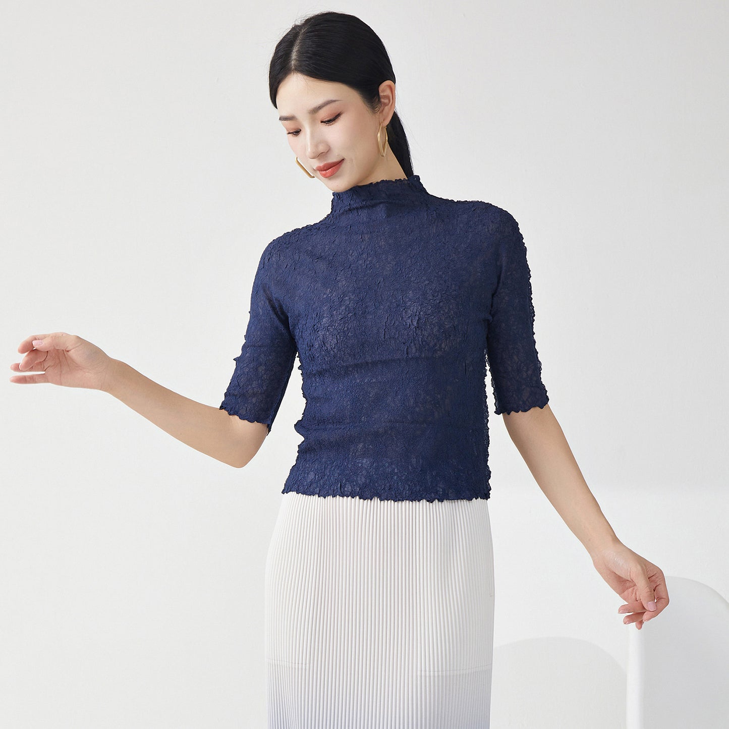 2025 Nanyou high-end women's clothing female slim temperament semi-turtleneck five-quarter sleeve versatile bottoming shirt  T-shirt top