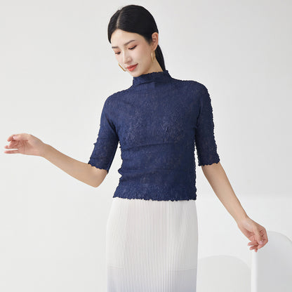 2025 Nanyou high-end women's clothing female slim temperament semi-turtleneck five-quarter sleeve versatile bottoming shirt  T-shirt top