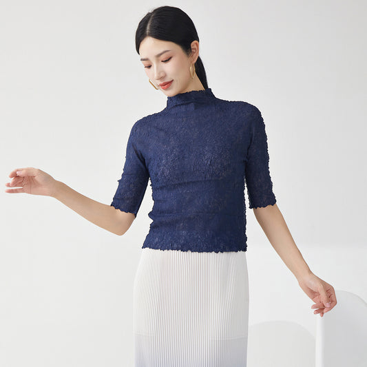 2025 Nanyou high-end women's clothing female slim temperament semi-turtleneck five-quarter sleeve versatile bottoming shirt  T-shirt top