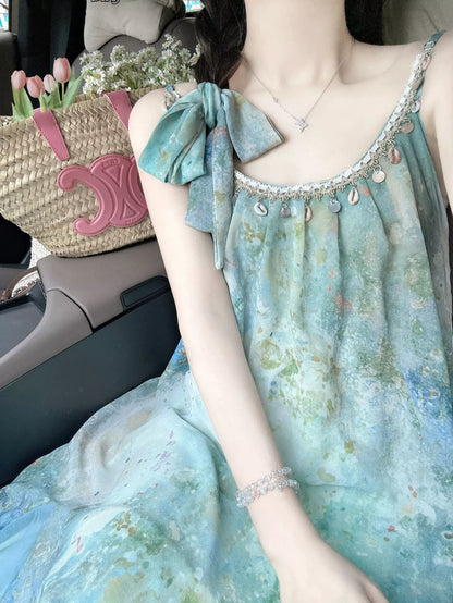 Li Buwan, legend of the sea, temperament seaside long skirt, smudged shell dress, loose suspenders, women's summer vacation