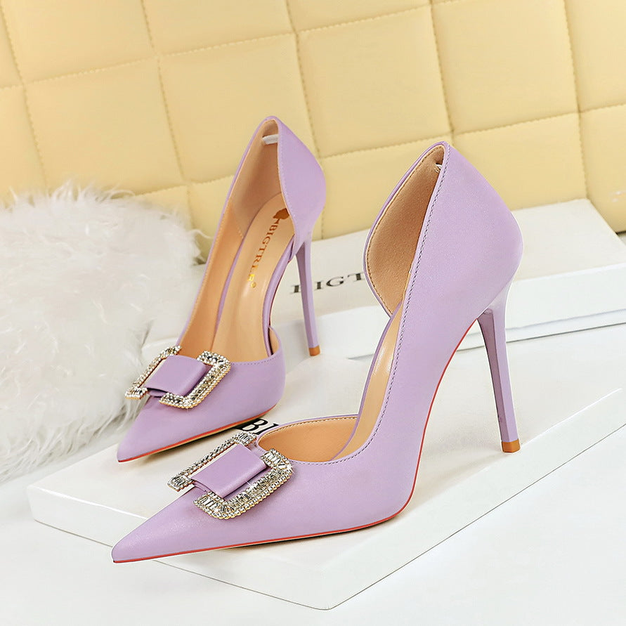 626-K6 2025 style sexy nightclub showing thin side hollow high heels women's shoes thin heel super high heel rhinestone buckle single shoes