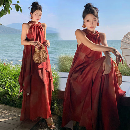 New Chinese style retro tie-dye neck dress summer beautiful temperament simple long dress fake two beach dress