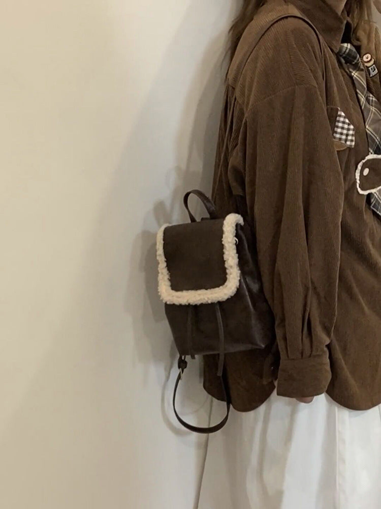 MAOXIANGSHOP 2025 Niche design backpack women's 2025 Korean version of college style new retro brown plush spliced backpack