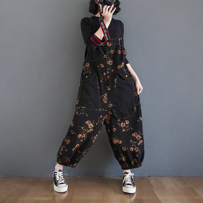 maoxiangshop grunge outfits plus Size Women's Printed Denim Suspender Pants Women's Spring and Autumn New Loose Large Pocket Casual Fashion Even Break Cropped Pants