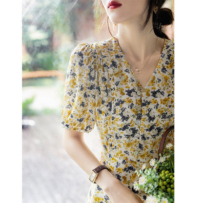 2025 Floral silk dress women's high-end bubble sleeve mulberry silk dress V-neck   new women's summer