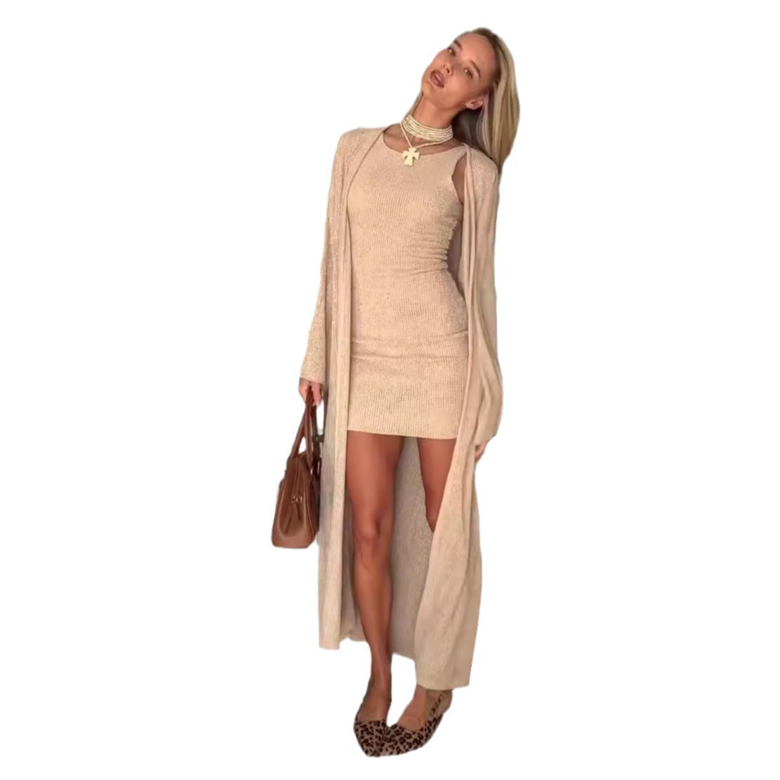 maoxiangshop 2000s fashion 2024 Autumn New Solid Color round Neck Sleeveless Hip Skirt Long Outer Wear Two-Piece Set for Women