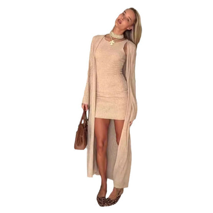 maoxiangshop 2000s fashion 2024 Autumn New Solid Color round Neck Sleeveless Hip Skirt Long Outer Wear Two-Piece Set for Women