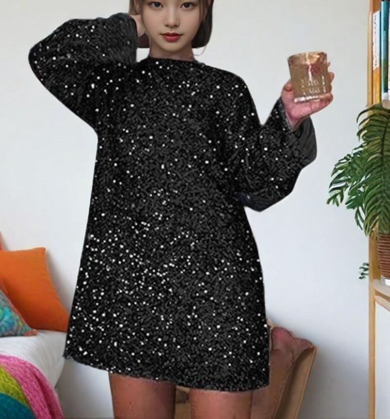 MAOXIANGSHOP 2025 Spring and Autumn Cross-border  Women's Clothing Crew Neck 2025 Long Sleeve Loose Large Size Sexy Sequin Short Dress