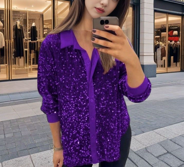 MAOXIANGSHOP 2025 New winter new  independent station 2025 fashion lapel button sequined shirt top women's clothing