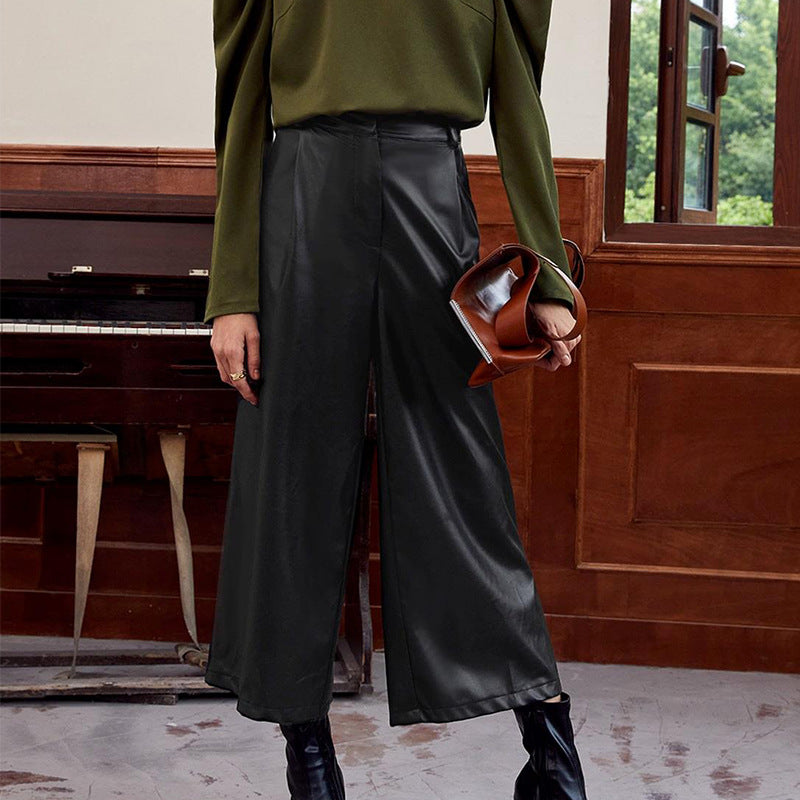 maoxiangshop 2000s fashion Autumn and Winter Loose Leather Pants Personality Harem Trousers Straight Pants Black Wide Leg Pants