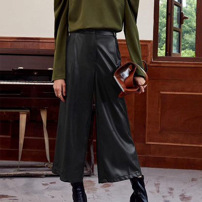 maoxiangshop 2000s fashion Autumn and Winter Loose Leather Pants Personality Harem Trousers Straight Pants Black Wide Leg Pants