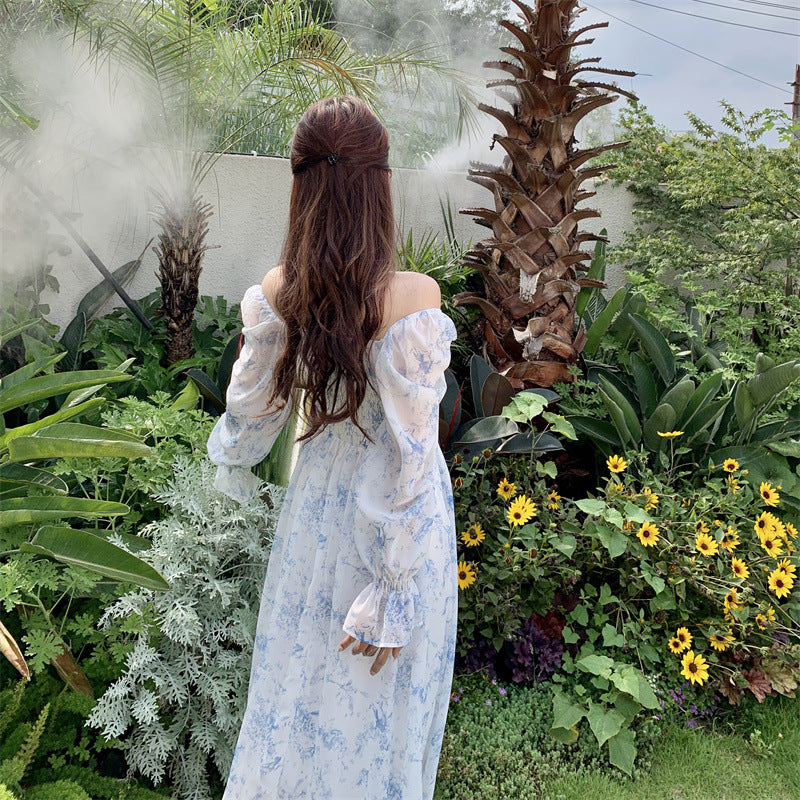 2025 Coffee break  floral dress 2025 spring new summer waist bubble sleeve temperament medium and long skirt women's clothing