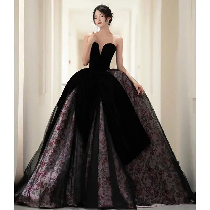 2025Black evening dress long dress female high-end light luxury niche tube top  socialite host art test solo advanced sense