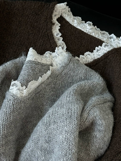 Sweet Lazy Lace Splicing V-Neck Knitted Sweater Women's Autumn and Winter Pullover Loose and Skinny Outer Top