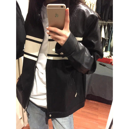 maoxiangshop going out outfits PU Leather New Slim Stand Collar Retro Contrast Color Stitching Zipper Autumn Coat Men's and Women's Motorcycle Jacket Top