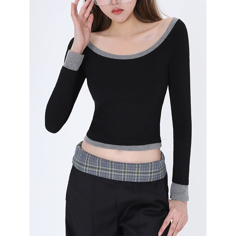 2025n Spice Girl Slim Sexy Long Sleeve T-Shirt Autumn New Contrast Color Design Fashion Temperament Top Women