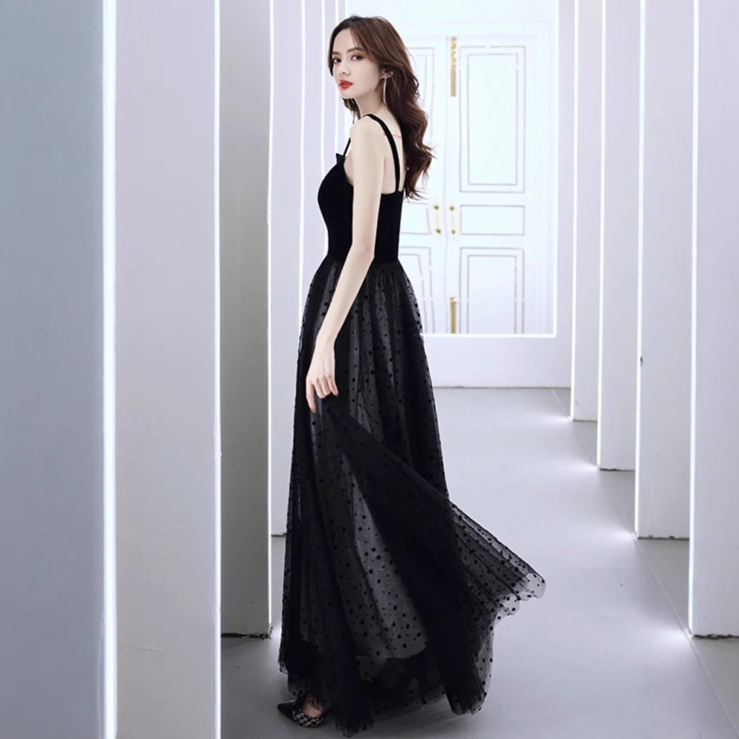 2025 Host evening dress  new black temperament high-end light luxury niche birthday party long art test skirt woman