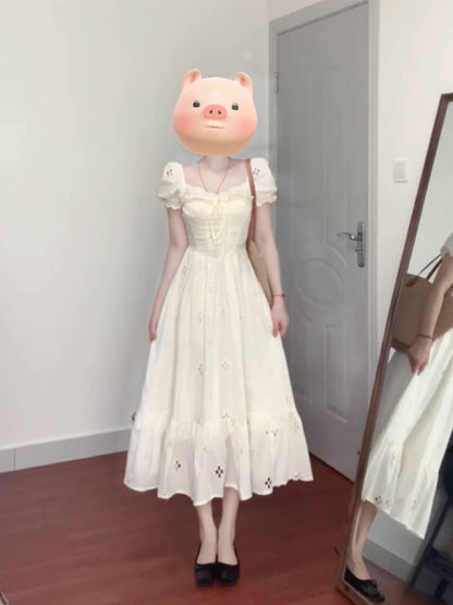 Solo burst bubble sleeve lace square neck dress women's design sense niche hollow long waist a-word skirt