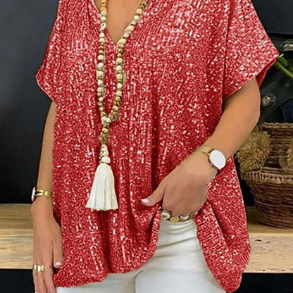 MAOXIANGSHOP 2023 2025 new independent station 2025 new loose sequin V-neck short-sleeved casual sequin deep V shirt