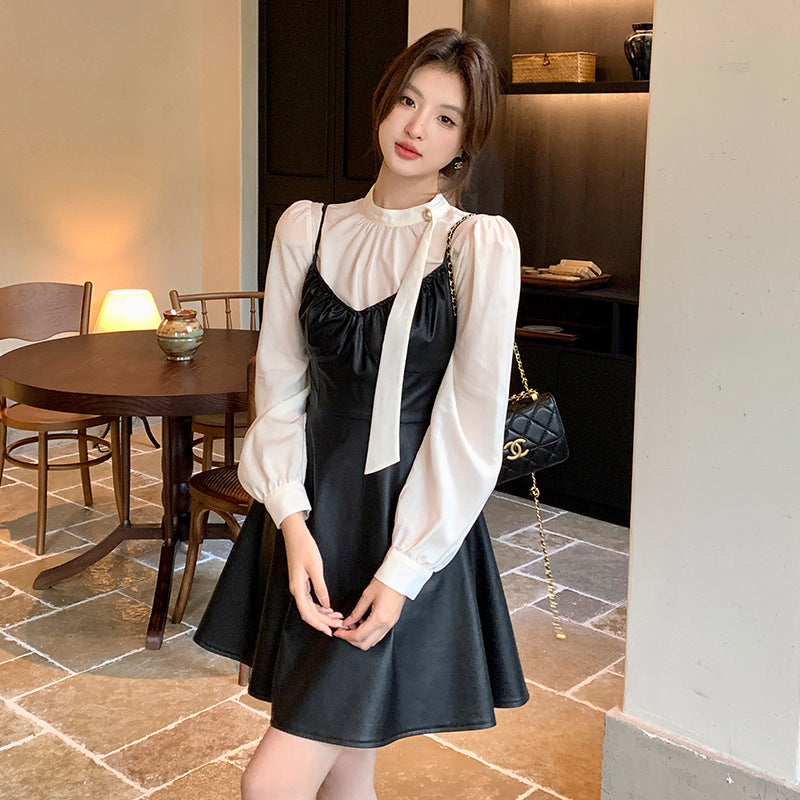 2025 popular autumn new Korean version temperament versatile suspender dress PU pure desire short leather skirt women 88119