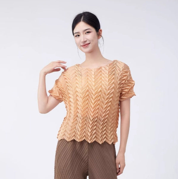 A short-sleeved women's T-shirt 2025 new summer design sense hand-pleated rest versatile pleated top