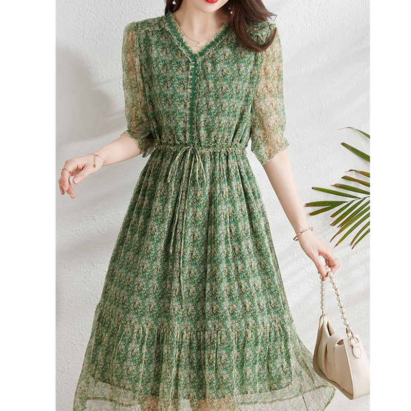 2025 Silk mulberry silk dress, coffee break  floral skirt women's clothing, summer small temperament waist A-shaped skirt
