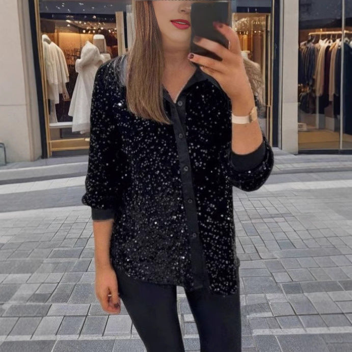 MAOXIANGSHOP 2025 New winter new  independent station 2025 fashion lapel button sequined shirt top women's clothing
