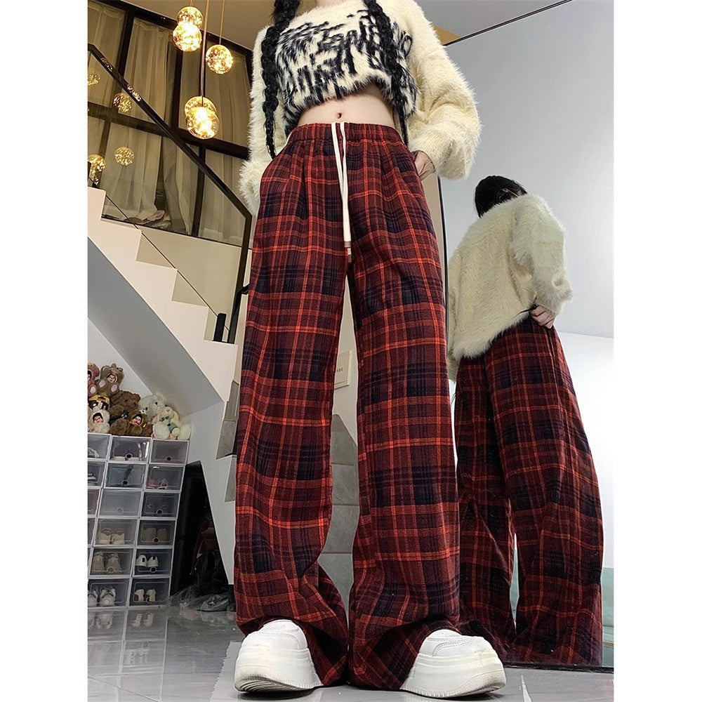 maoxiangshop-shop fall outfits aesthetic Retro Brushed Plaid Casual Pants Women's Autumn New High Waist Straight Pants Slimming Wide Leg Mop Long Pants