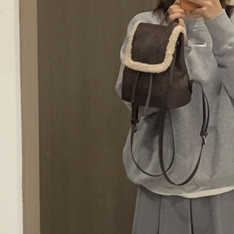 MAOXIANGSHOP 2025 Niche design backpack women's 2025 Korean version of college style new retro brown plush spliced backpack