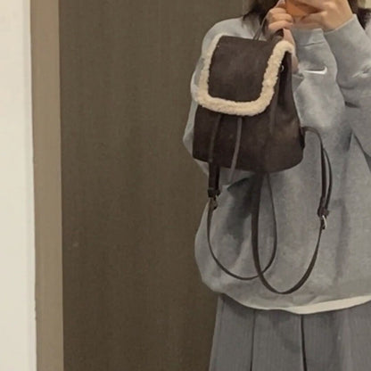 MAOXIANGSHOP 2025 Niche design backpack women's 2025 Korean version of college style new retro brown plush spliced backpack