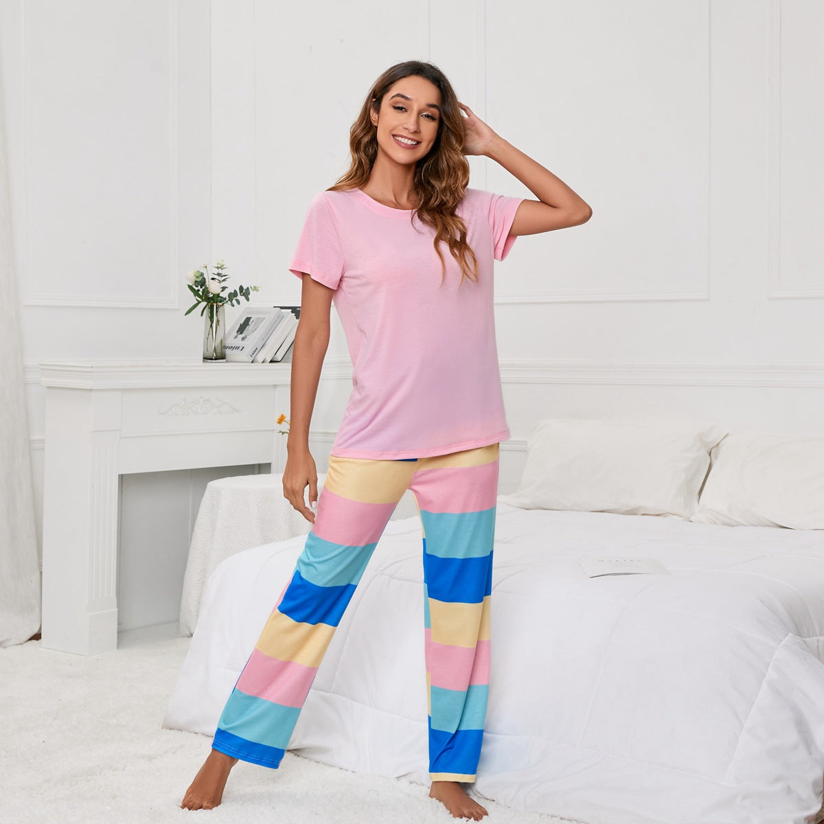 MAOXIANGSHOP 2025Real new products, 2025 New independent stations, solid color round neck T printing striped women's casual cover, loungewear pajamas, women
