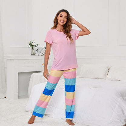 MAOXIANGSHOP 2025Real new products, 2025 New independent stations, solid color round neck T printing striped women's casual cover, loungewear pajamas, women