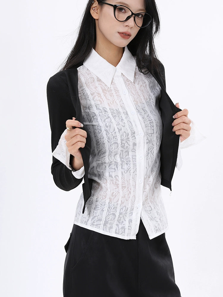 Fashion Autumn Contrast Color Splicing Fake Two-piece Shirt Long Sleeve Knitted Sweater Women's Slim Flared Sleeve Top Women's