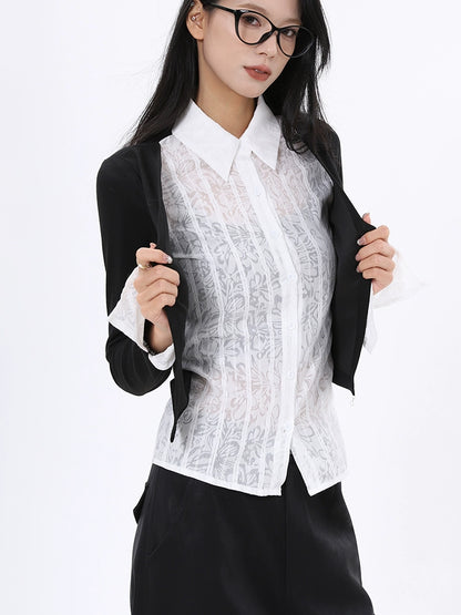 Fashion Autumn Contrast Color Splicing Fake Two-piece Shirt Long Sleeve Knitted Sweater Women's Slim Flared Sleeve Top Women's