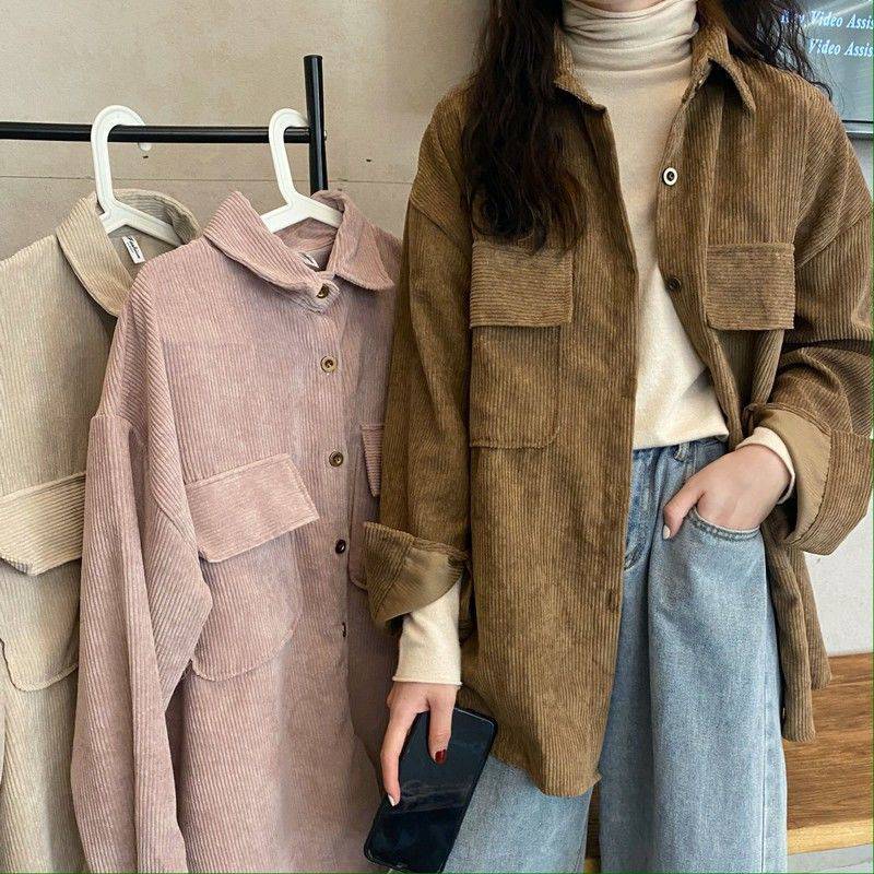 maoxiangshop suede jacket outfit Retro Women's Corduroy Coat Shirt Women's Spring and Autumn Versatile New Hong Kong Style Shirt Top