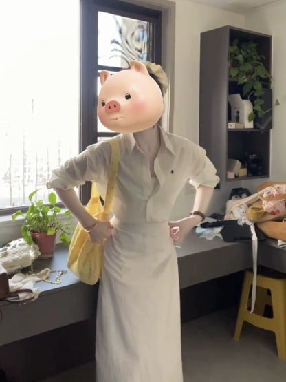 [Daily ballet] White linen shirt women's loose sunscreen embroidered shirt + rear split skirt women