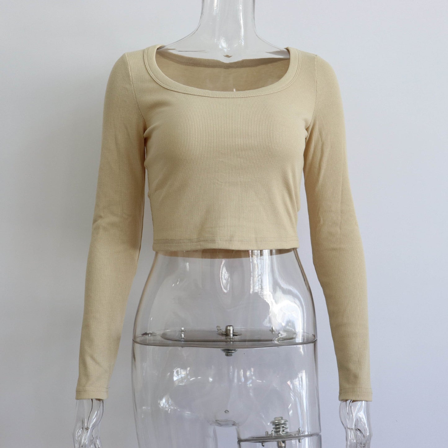 maoxiangshop outfit ideas for school Large round Neck Long Sleeve Rib Short Top Women's Casual Sexy Autumn and Winter Knitted Bottoming Shirt Street Slim T-shirt