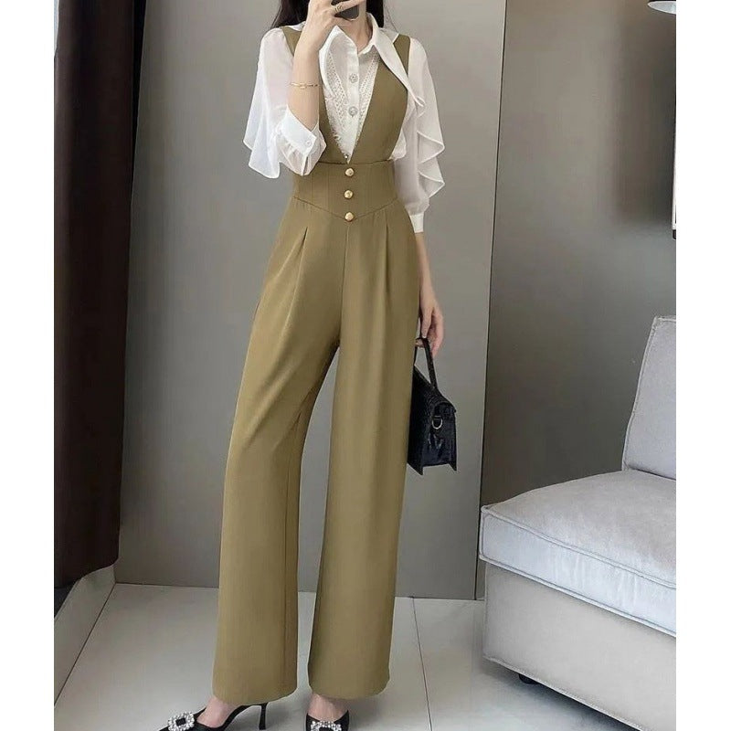 maoxiangshop Summer and Autumn New Design Suspender Pants Women's Gao-Grade Slimming High Waist Suit Wide Leg Pants Black Jumpsuit