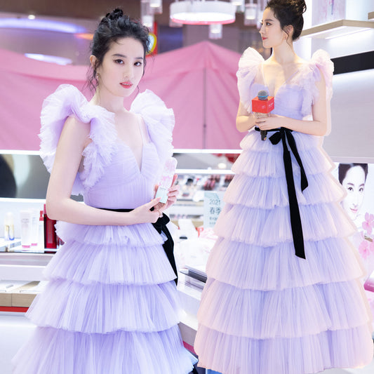 2025Liu Yifei same purple mesh dress cake skirt fairy birthday banquet performance annual banquet light luxury
