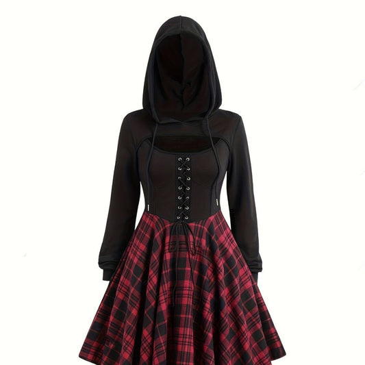 maoxiangshop pop culture dress to impress Halloween New plus Size Gothic Dress Drawstring Hooded Plaid Stitching Sweater Short Sleeve