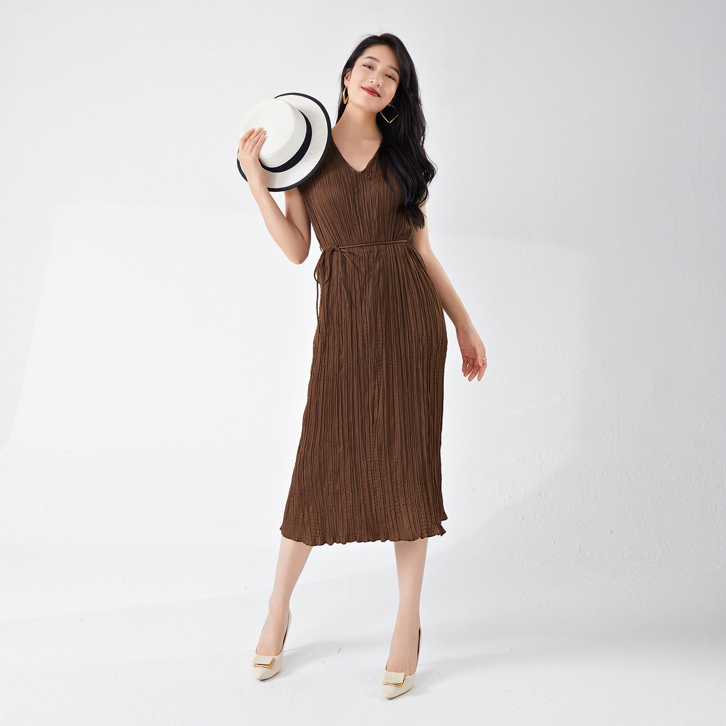 Women's clothing summer high-end wear loose large size lace-up and thin v-neck sleeveless a-word medium and long dress