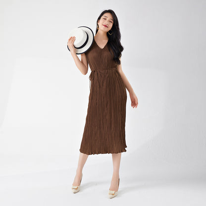Women's clothing summer high-end wear loose large size lace-up and thin v-neck sleeveless a-word medium and long dress