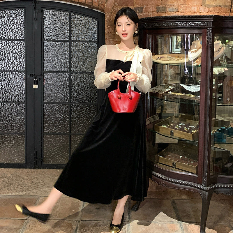 2025 popular autumn clothing new high waist temperament velvet lace-up dress high-end long dress children 88129