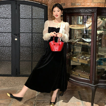 2025 popular autumn clothing new high waist temperament velvet lace-up dress high-end long dress children 88129