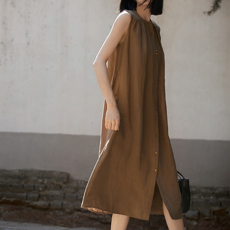 2025 Slack linen dress, waist thin vest skirt sleeveless, high-end cotton and linen women's clothing summer new models