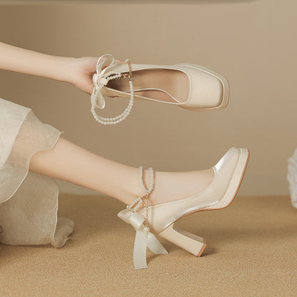2025 8126-2 Suede Pearl Mary Jane Shoes Women's Square Head Thick Heel High Heel Single Shoes Bow Waterproof Table Single Shoes Women's
